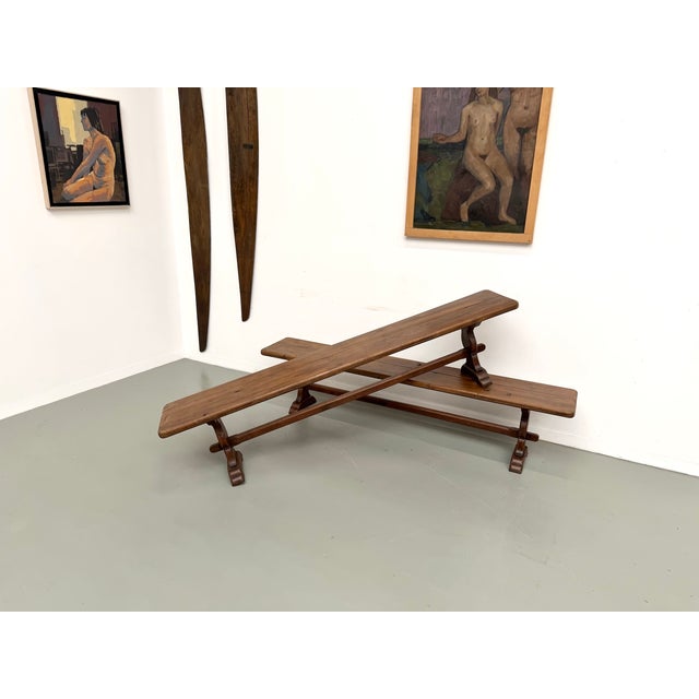 Wood Oak Farm Benches, 1890s, Set of 2 For Sale - Image 7 of 18