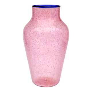 Venetian Murano Antique Pink Spots Sapphire Blue Rim Gold Flecks Italian Art Glass Flower Vase For Sale