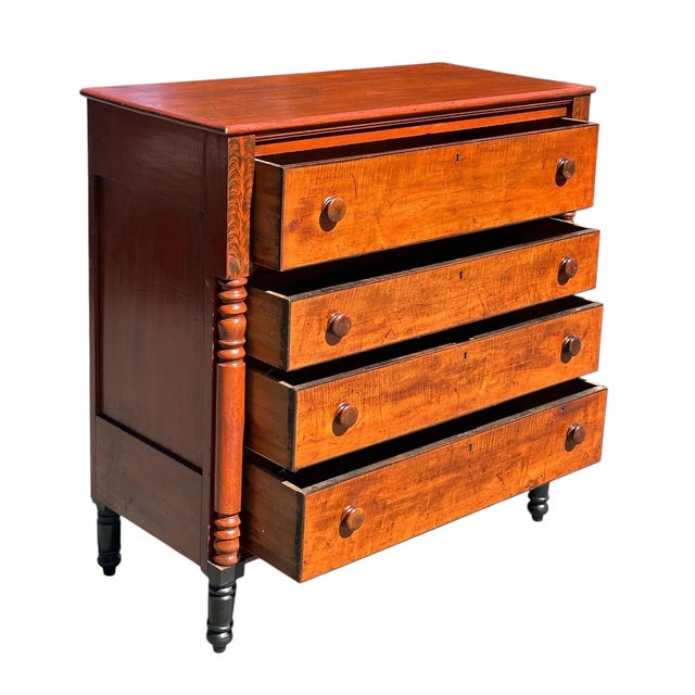 Wood Antique Federal Tiger Maple Chest of Drawer With Original Red Wash & Grain Paint For Sale - Image 7 of 12