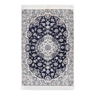 Pasargad Navy Blue Persian Silk & Wool Nain For Sale