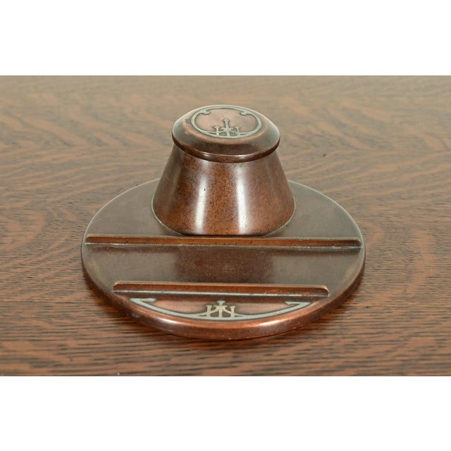 Art Deco Heintz Arts & Crafts Sterling Silver on Bronze Inkwell With Pen Tray For Sale - Image 3 of 13