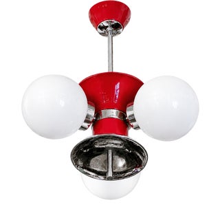 Space Age Pendant Lamp with Three Globes in Red Lacquered Metal, Chrome and Opal Glass, 1970s For Sale