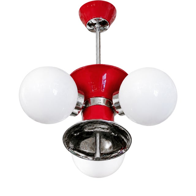 Space Age Pendant Lamp with Three Globes in Red Lacquered Metal, Chrome and Opal Glass, 1970s For Sale