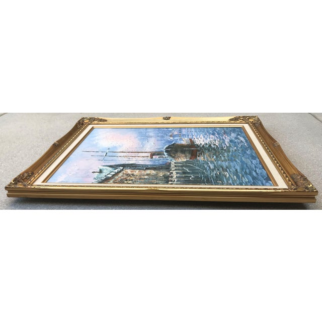 Wood Vintage Signed & Framed W. Haywood Painting on Canvas, Boats and Old Boathouse For Sale - Image 7 of 11
