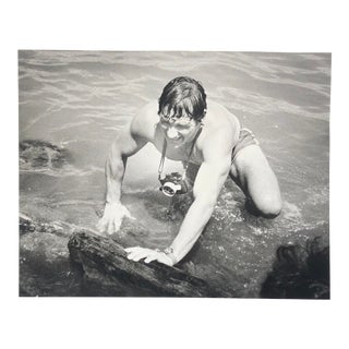 1977 Male Swimmer Climbing Out of River Black and White Photo For Sale