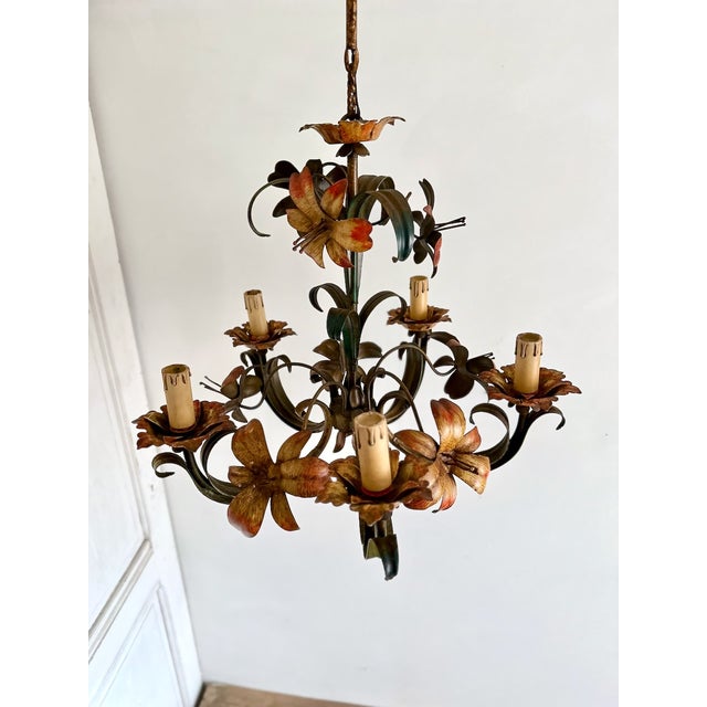Vintage Italian Florentine Hand-Painted Tole Floral 5-Light Chandelier, 1940s For Sale - Image 16 of 18