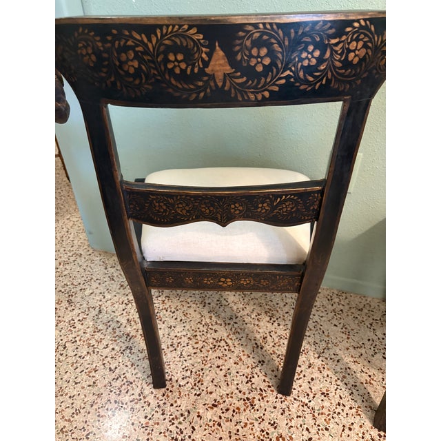 Wood Late 20th Century Pair of Anglo-Indian Style Ebonized & Gilt Ram's Head Klismos Chairs With Floral Penwork For Sale - Image 7 of 7