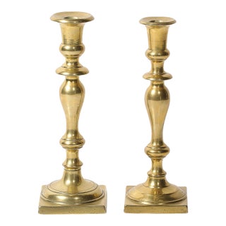 Near Pair Neoclassical Balustrade Form Brass Candleholders With Square Bases For Sale