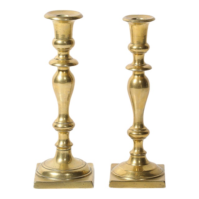 Near Pair Neoclassical Balustrade Form Brass Candleholders With Square Bases For Sale