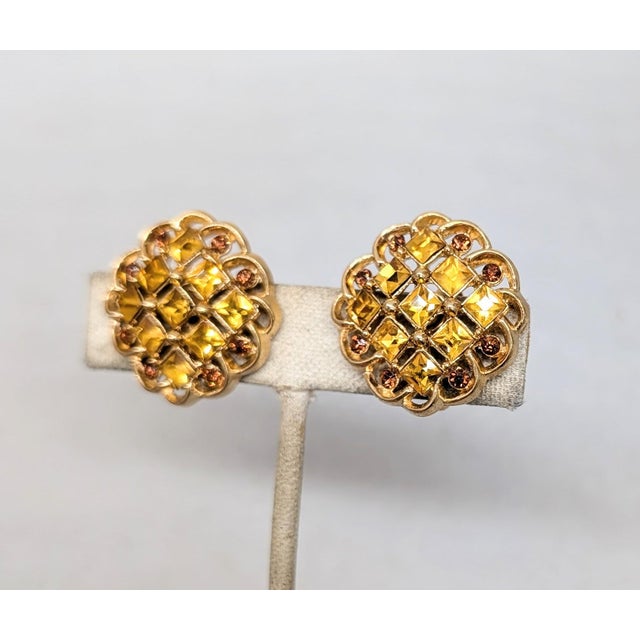 1960s Vintage 1960s Signed Crown Trifari Faux-Citrine & Topaz Clip Earrings-2 Pieces For Sale - Image 5 of 7