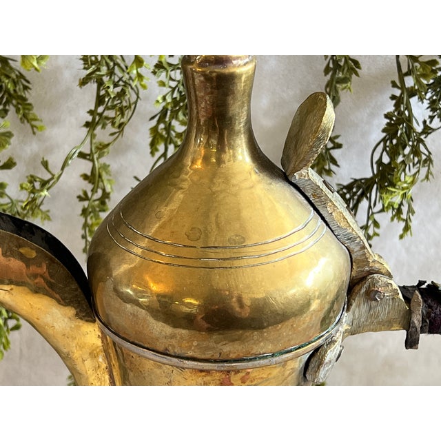 Large Antique Hand Crafted Arabian Dallah Coffee Urn 16" Middle Eastern Brass Plated Coffee Pot Hinged Lid Hand Woven Leather Handle Worn For Sale - Image 4 of 15