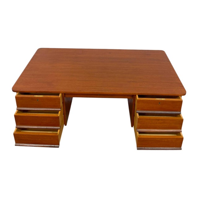 Vintage Mid Century Modern Danish Teak Executive Desk With Rear Bookshelf. For Sale - Image 12 of 13