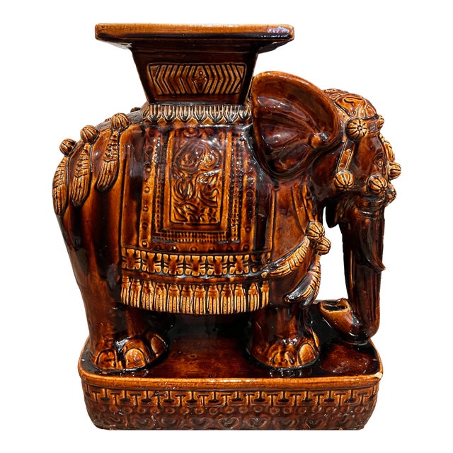 Vintage Brown Glazed Ceramic Elephant Garden Stool or Side Table (Single) For Sale