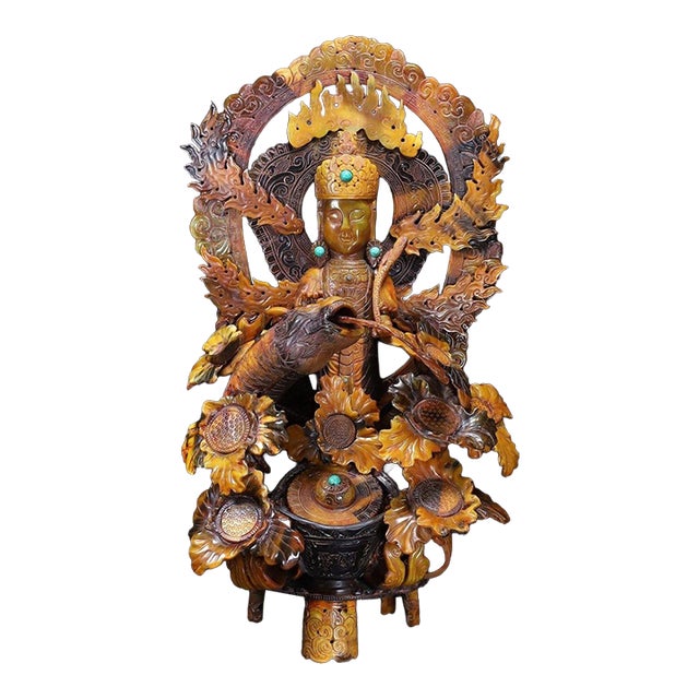 Late 19th Century Large Carved Faux Horn Bodhisattva on Dragon Sculpture For Sale
