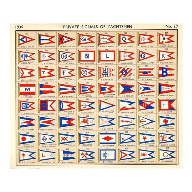 1939, Yacht Owners Flags, Original Vintage Sailing Lithograph, #29 For Sale