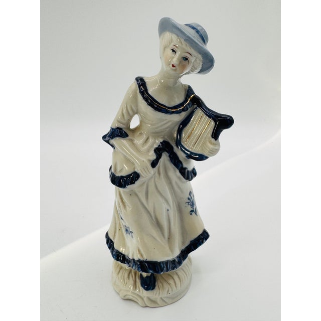 Blue Vintage 8" Blue and White Porclain Musician Figurines With Gold Trim For Sale - Image 8 of 15