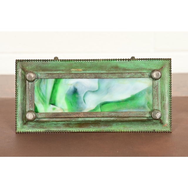 Apollo Studios New York Arts & Crafts Grapevine Pattern Bronze and Slag Glass Inkwell With Pen Holder For Sale - Image 11 of 14