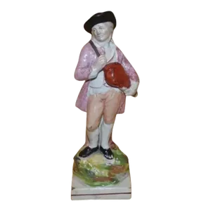 Antique Early 19th Century English George III Staffordshire Pearlware Figure of a Musician Playing the Hurdy-gurdy 1800
