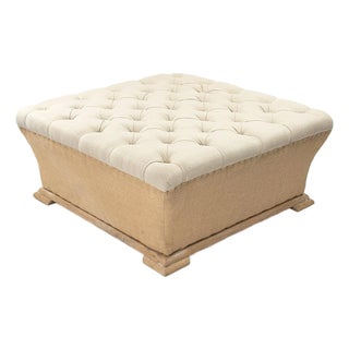 Quincy Square Tufted Linen Ottoman with Burlap Base For Sale