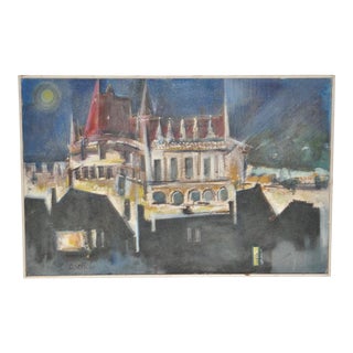 Cathedral Under Full Moon Mid-Century Modern Abstract Painting For Sale