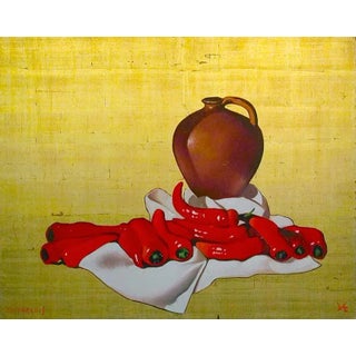 1970s "Jugs, Red Peppers" Still Life Realist Style Mixed-Media Painting by Michael Huggins For Sale