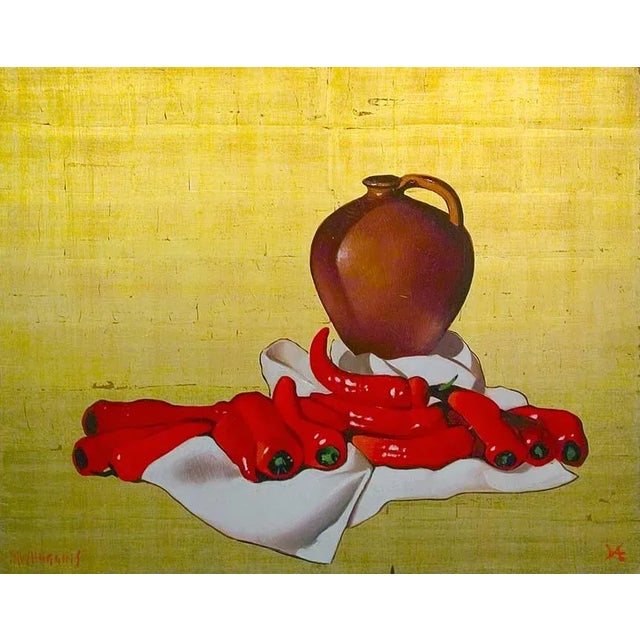 1970s "Jugs, Red Peppers" Still Life Realist Style Mixed-Media Painting by Michael Huggins For Sale