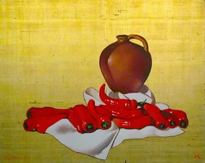 1970s "Jugs, Red Peppers" Still Life Realist Style Mixed-Media Painting by Michael Huggins