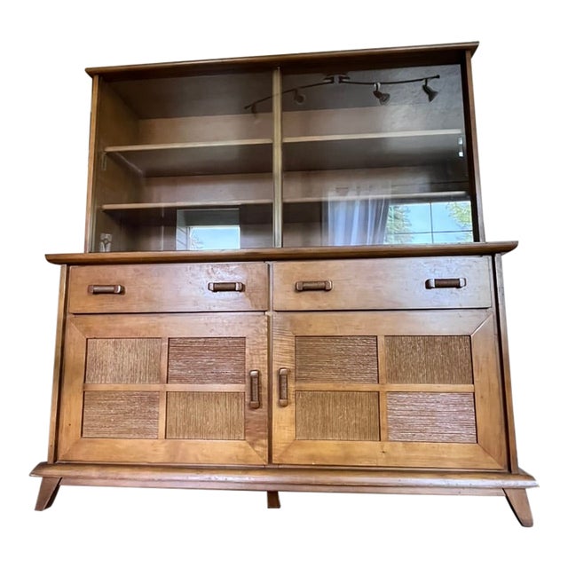 1958 Northwest Chair Company 8 Piece Solid Maple and Rattan Glass Front Hutch For Sale