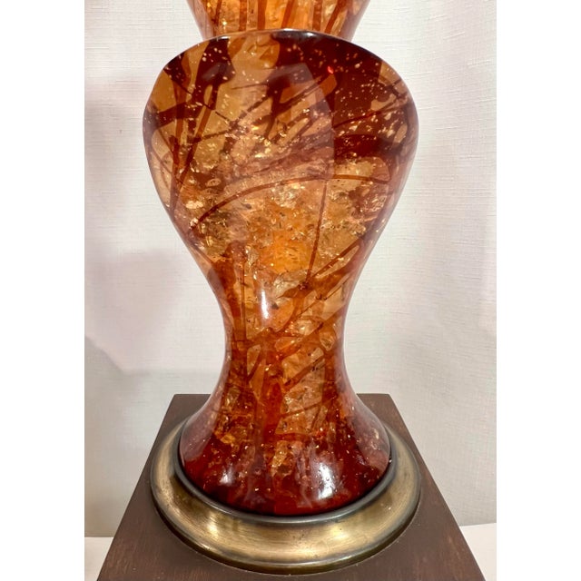 Vintage Mid-Century Tony Duquette Style French Red and Gold Leaf Lucite Table Lamps on Marble Bases - A Pair For Sale In Mobile - Image 6 of 12