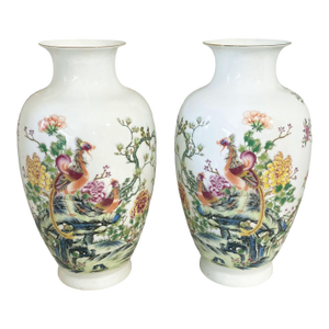 Chinoiserie Pair of Porcelain White Egg Shell Vases 14" H