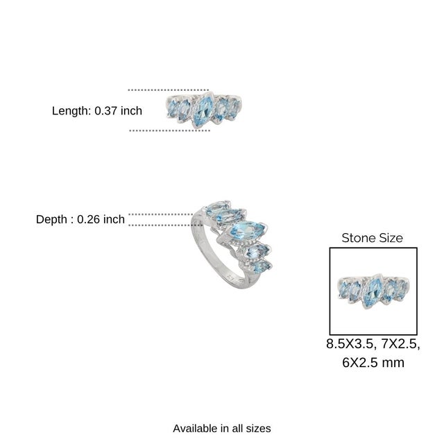 Blue Elegant Five-Stone Marquise Cut Topaz Ring in Solid 925 Silver - Size 6.5 For Sale - Image 8 of 9
