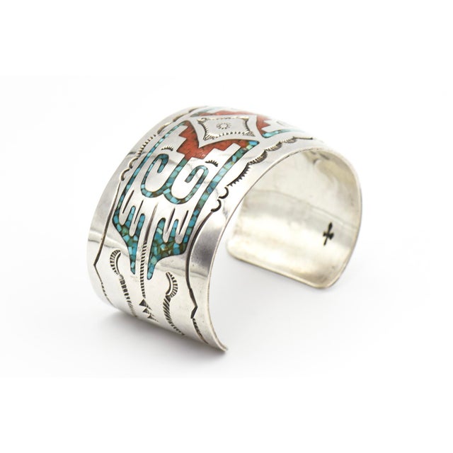 Late 20th Century Late 20th Century Gibson Gene Navajo Sterling Silver Turquoise Inlay Cuff Bracelet For Sale - Image 5 of 9