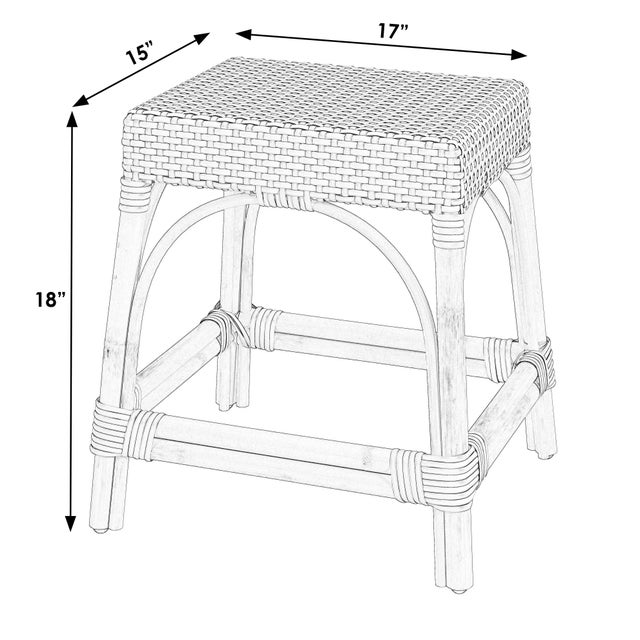 Coastal Robias 18 in. Seat Height Rectangular Rattan Low Dining Stool, Gray/White Dot / Natural Rattan Frame For Sale - Image 3 of 7
