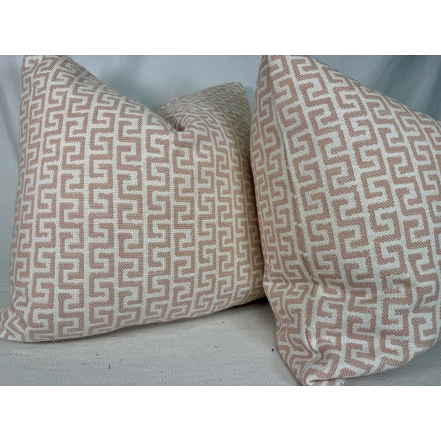 Custom pair of 22" pillows covered in Thibaut "Merritt" in color blush indoor/outdoor fabric. These pillows have tapered...