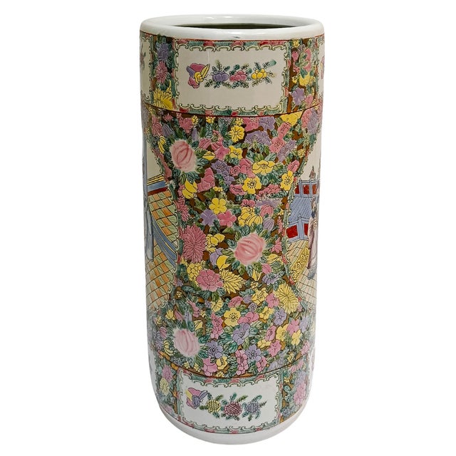 Vintage Hand-Painted Chinoiserie Rose Medallion Floral Umbrella Stand For Sale - Image 9 of 11