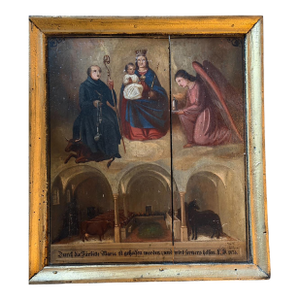 Mid 19th Century Religious Painting Maria Mary Baby Jesus in Stable With Animals and Angel Prayer Station