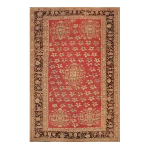 Hand-Knotted Antique Gordes Rug Red and Beige Floral Pattern