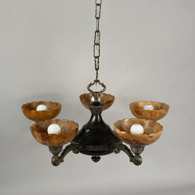 Brown Swedish 5-Light Chandelier in Nickel Plated Brass and Alabaster, 1920s For Sale - Image 8 of 18