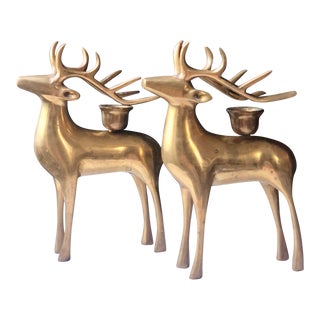 Mid 20th Century Cast Heavy Brass Reindeer Candlesticks, a Pair For Sale