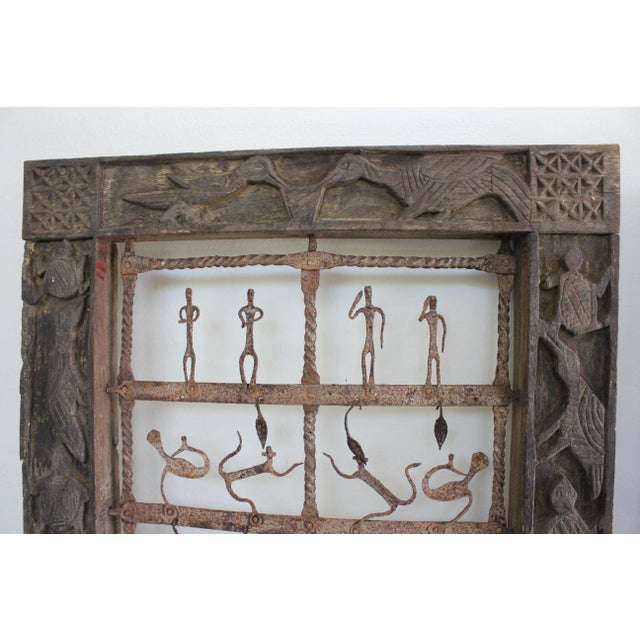 Brown Wood Carved Two Sculptural Panels ‘Window’ With Metal Animals & Figures For Sale - Image 8 of 13