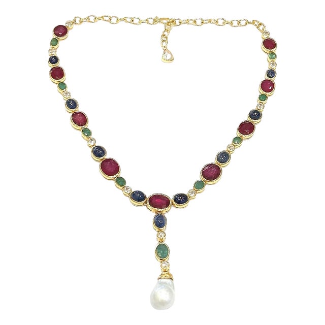 Bochic “Capri” Vintage Ruby, Emerald & Sapphire Necklace Set in 18K & Silver For Sale