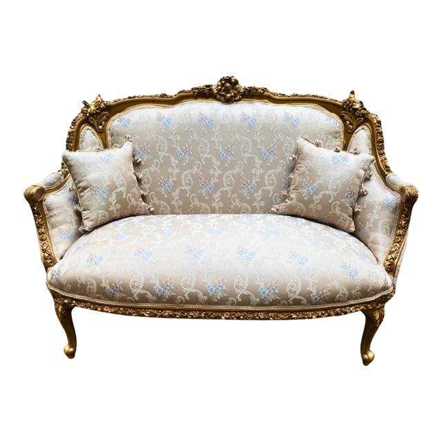 French Style Tan Sofa With 2 Pillows and Gold Details For Sale