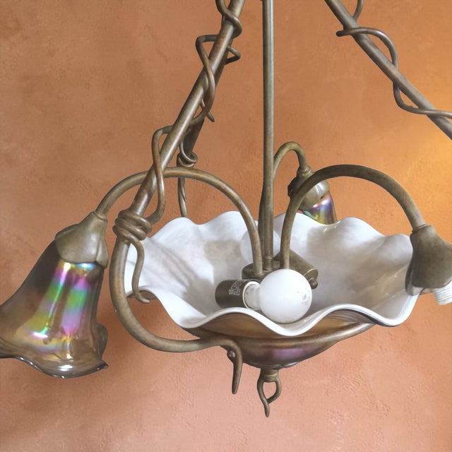 Art Nouveau Iridescent Glass Chandelier With Three Matching Sconces by Quoizel (Signed) For Sale - Image 10 of 14