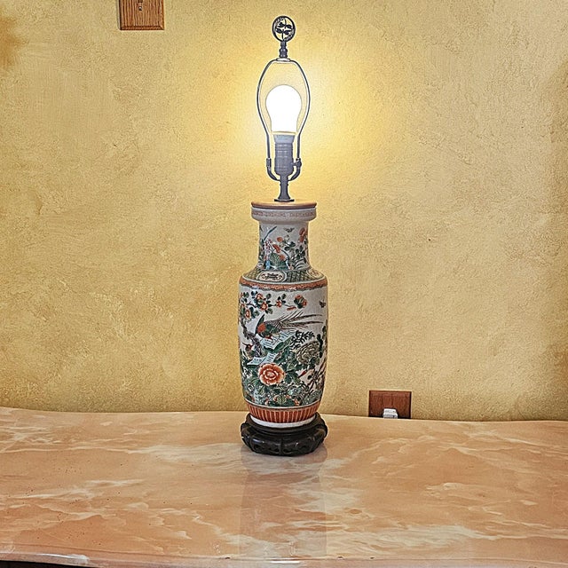 Vintage Chinese Famille Verte Style Porcelain Table Lamp With Hand Painted Birds & Peonies For Sale - Image 16 of 18