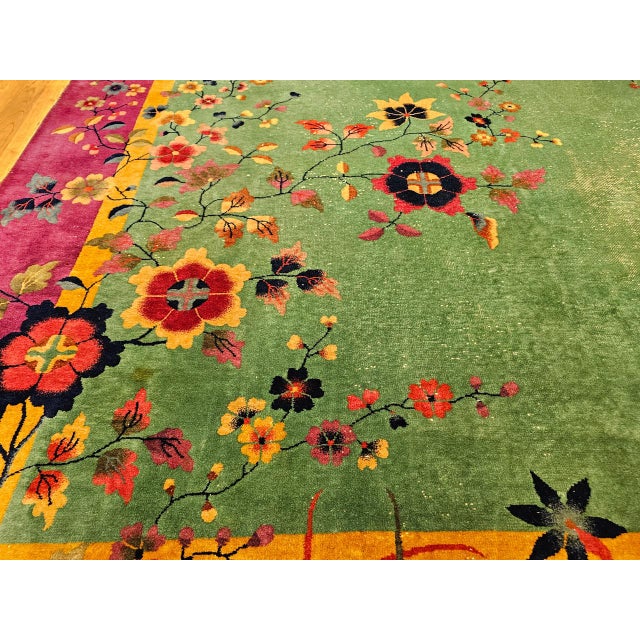 Vintage Art Deco Chinese Rug, Hand-Knotted Wool, Floral Motif, Turquoise & Purple, 9x12 For Sale - Image 17 of 18