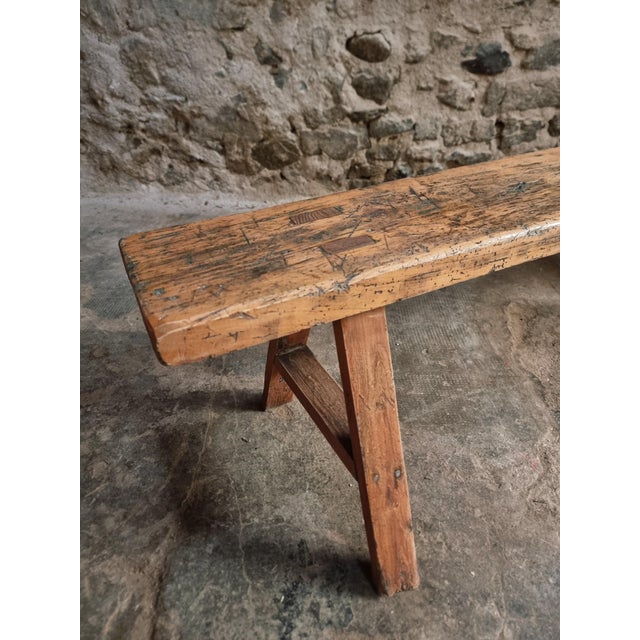 Brown Antique Wooden Bench with Pine Seat and Chestnut Base, 1890s For Sale - Image 8 of 11