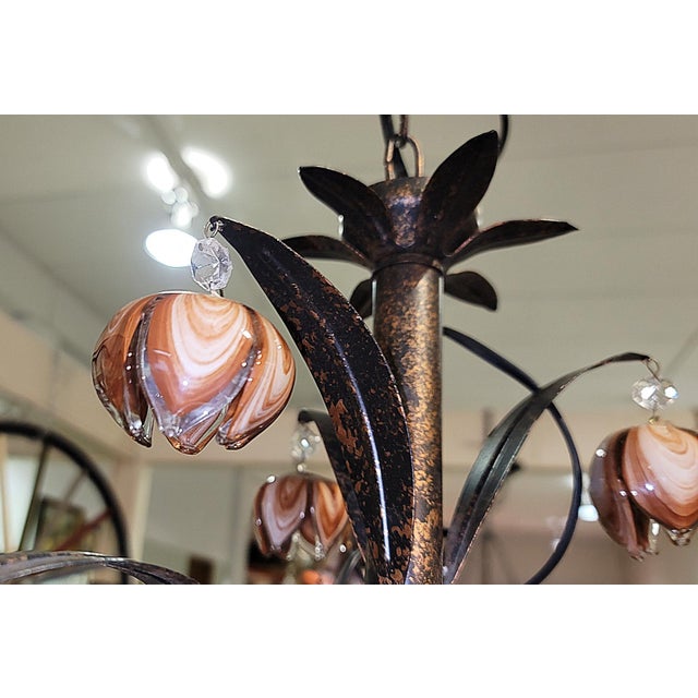Venetian Italian Metal and Blown Glass Floral Chandelier For Sale - Image 12 of 15