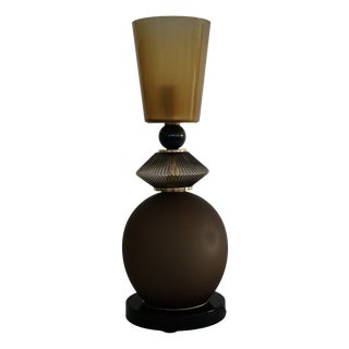 Mid-Century Round Dove Gray and Smoky Murano Art Glass and Brass Table Lamp, 2000 For Sale