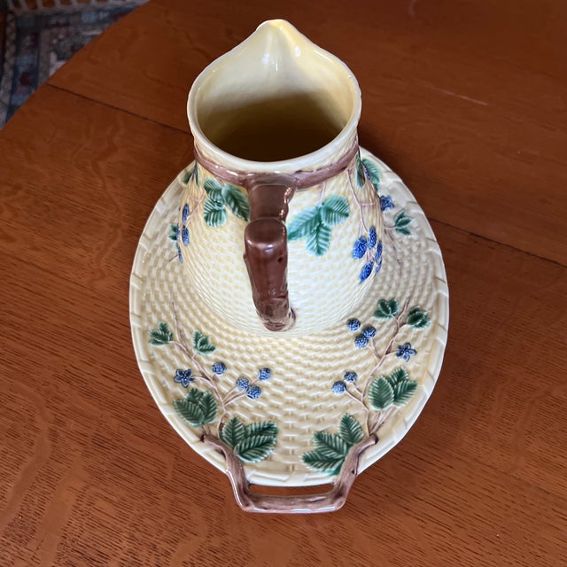 Vintage Tiffany & Co. Blackberry Majolica Pitcher & Tray Set - Portugal Basketweave For Sale - Image 11 of 12