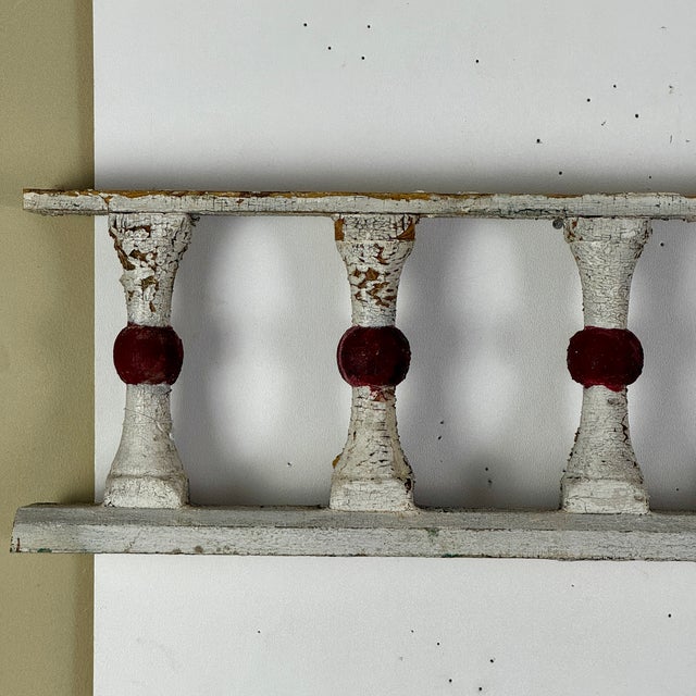 Architectural Salvaged Wooden Balustrade Railing With Original White & Red Knots Paint For Sale In New York - Image 6 of 11